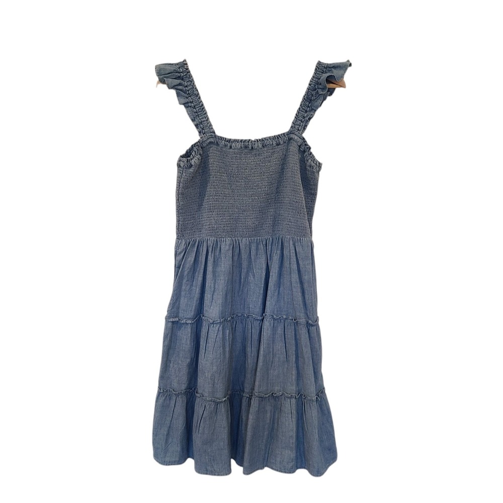 J. Crew Chambray Tiered Denim Mini Dress Smocked Bodice Ruffled Tier Skirt Sz M